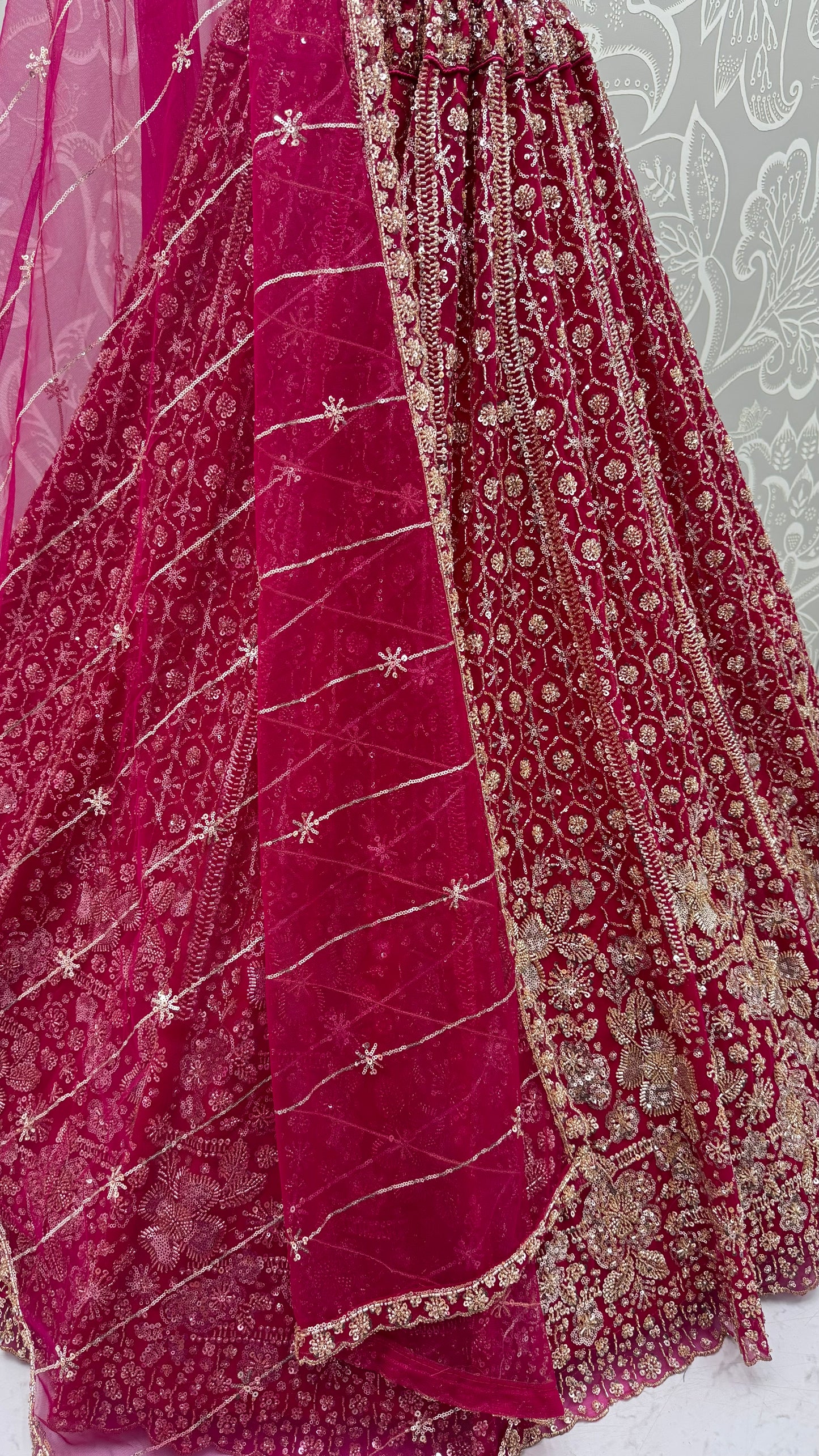 Ruby Red Crystal & Motif Handwork Bridal Lehenga Choli
