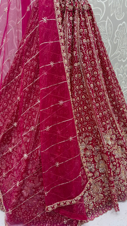 Ruby Red Crystal & Motif Handwork Bridal Lehenga Choli