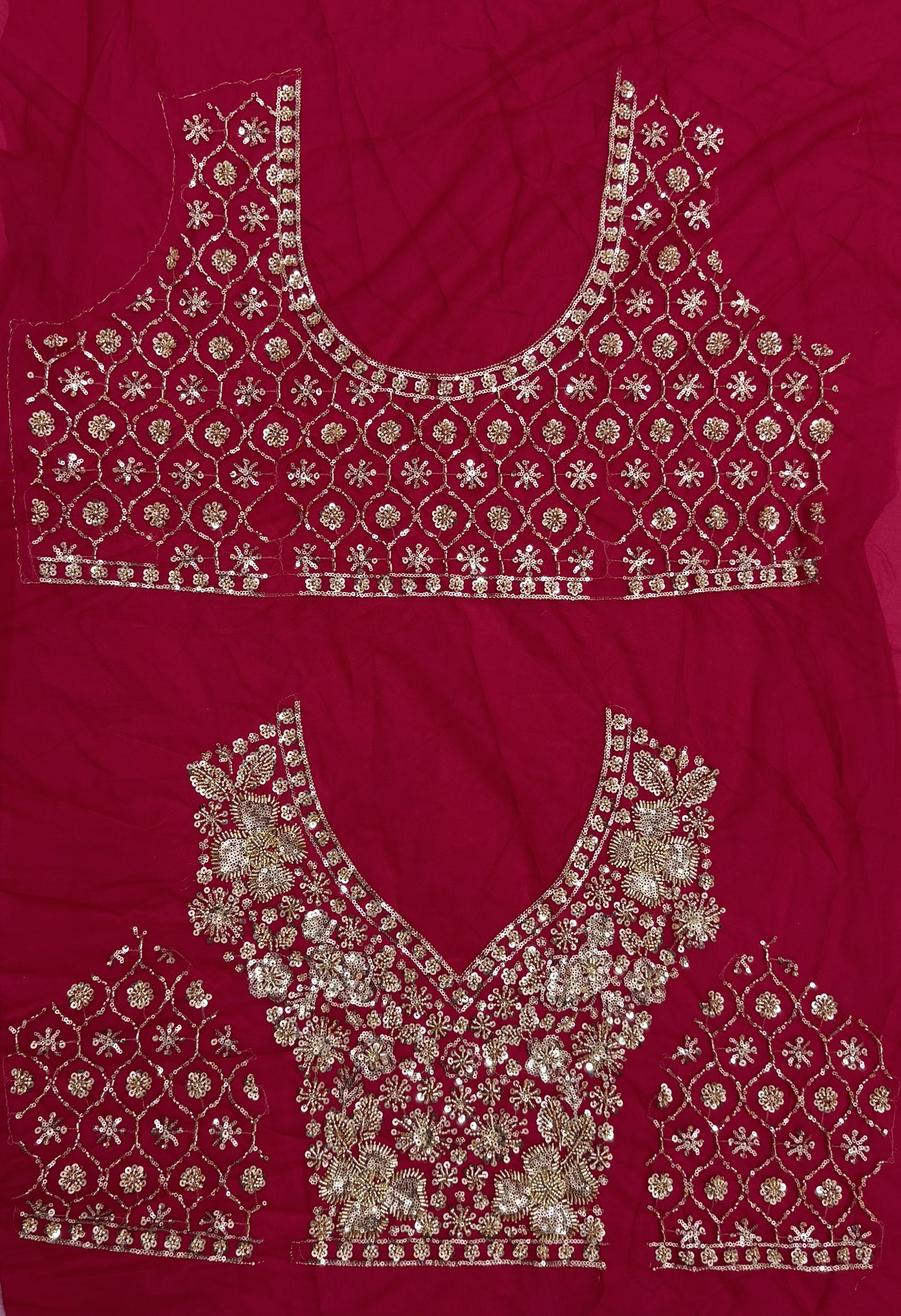 Ruby Red Crystal & Motif Handwork Bridal Lehenga Choli