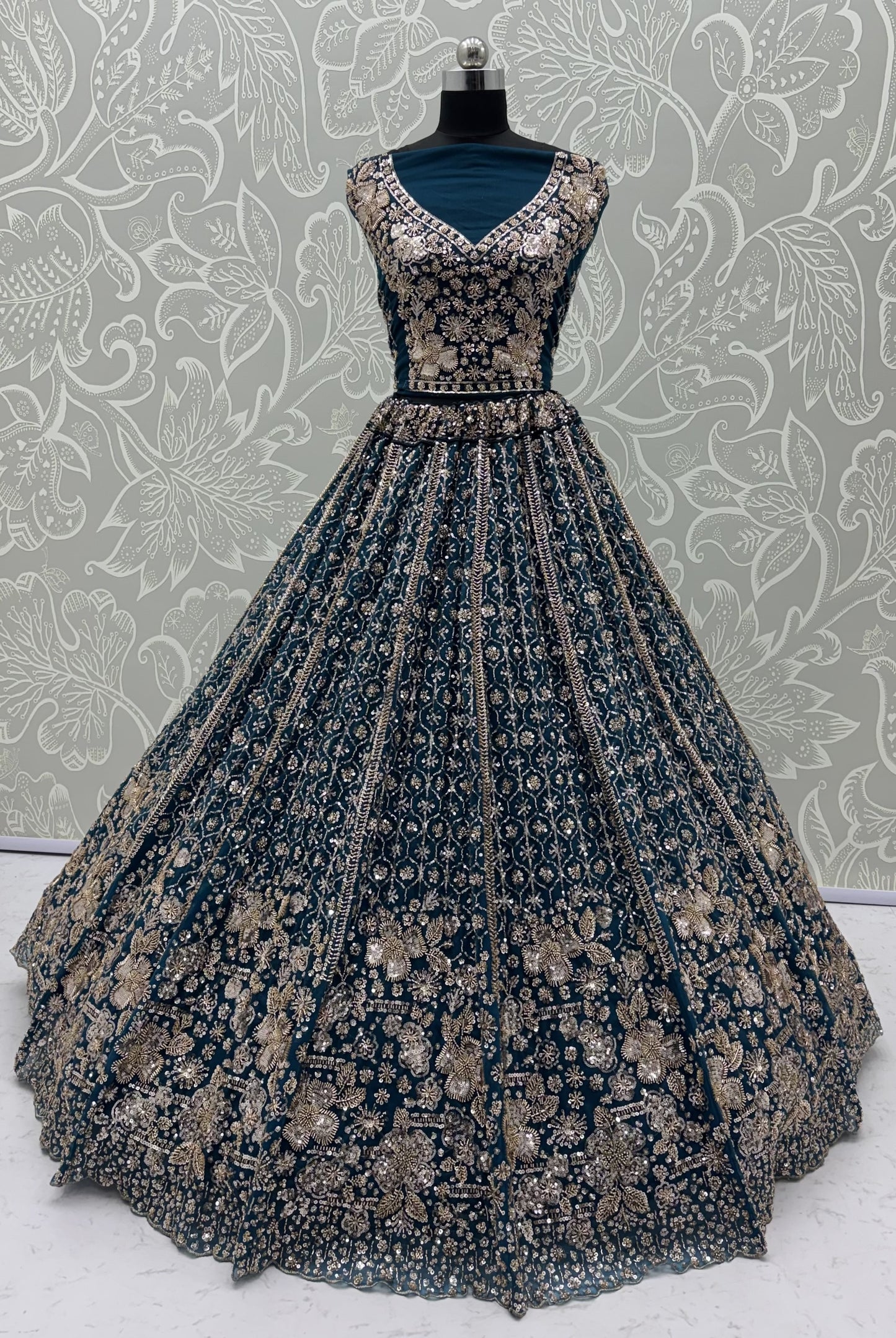 Teal Blue Crystal & Motif Handwork Designer Lehenga Choli