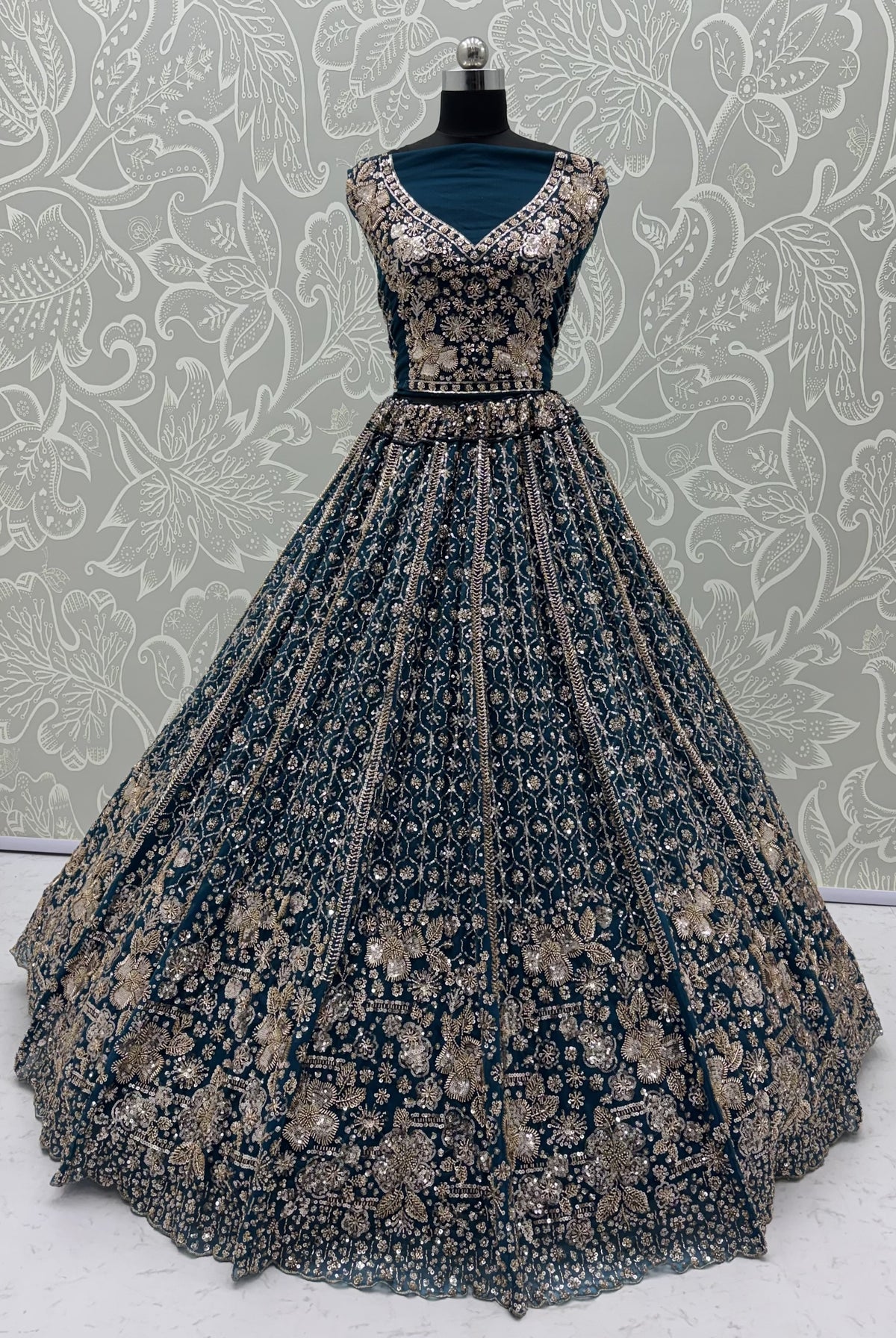 Teal Blue Crystal & Motif Handwork Designer Lehenga Choli