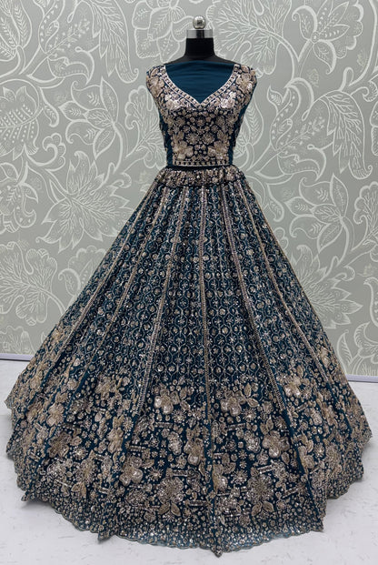 Teal Blue Crystal & Motif Handwork Designer Lehenga Choli