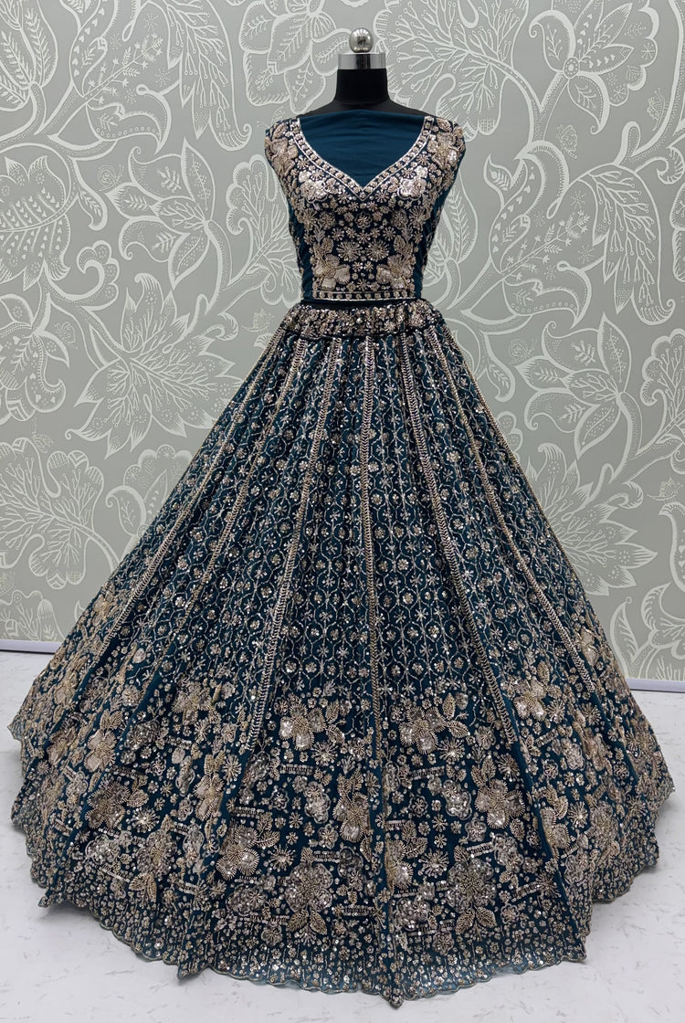 Teal Blue Crystal & Motif Handwork Designer Lehenga Choli
