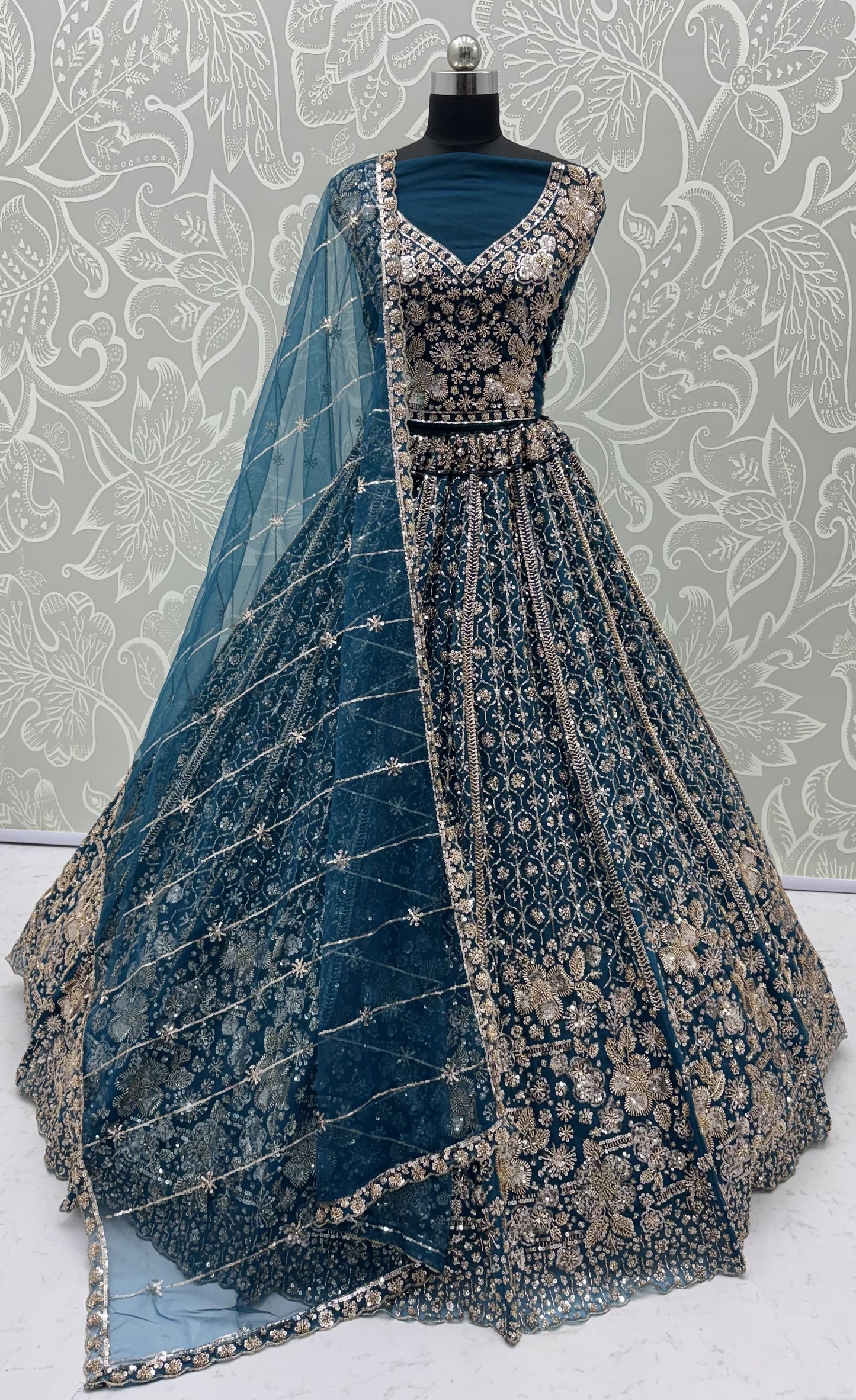 Teal Blue Crystal & Motif Handwork Designer Lehenga Choli