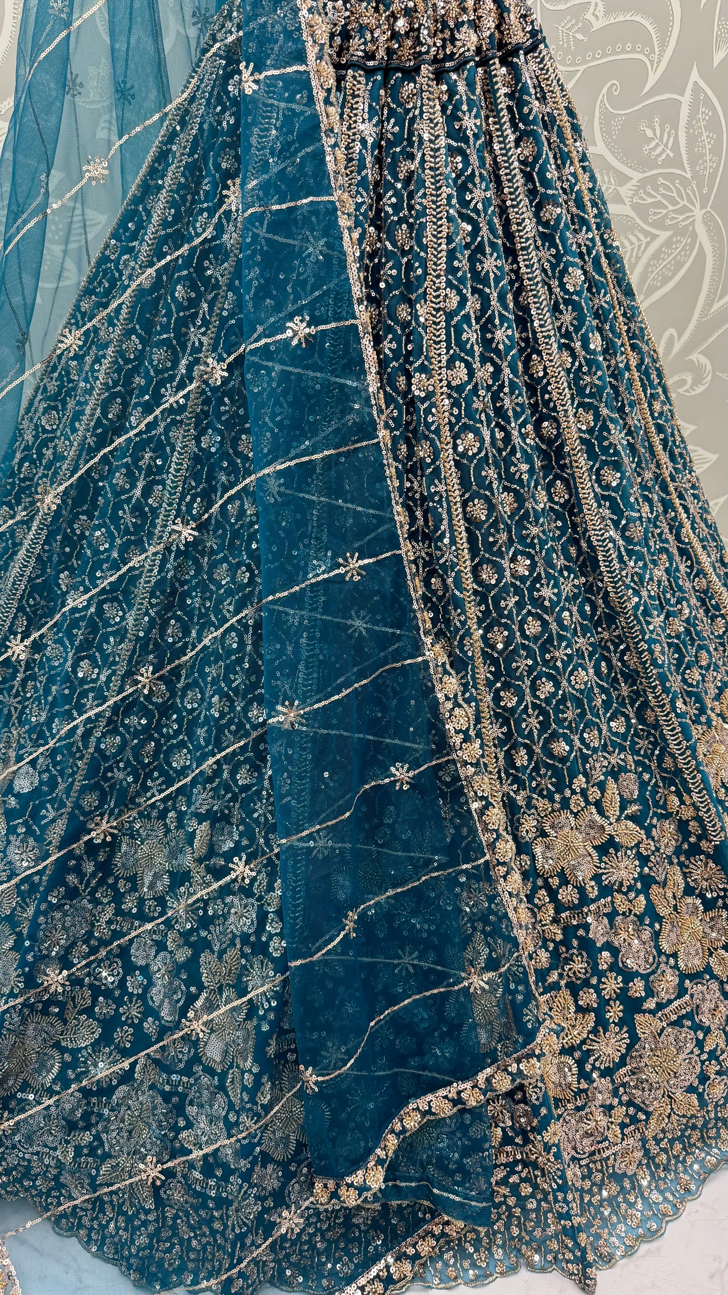 Teal Blue Crystal & Motif Handwork Designer Lehenga Choli