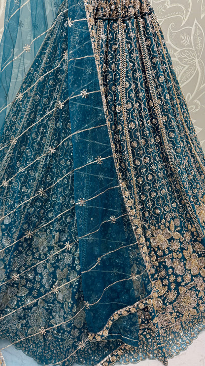 Teal Blue Crystal & Motif Handwork Designer Lehenga Choli