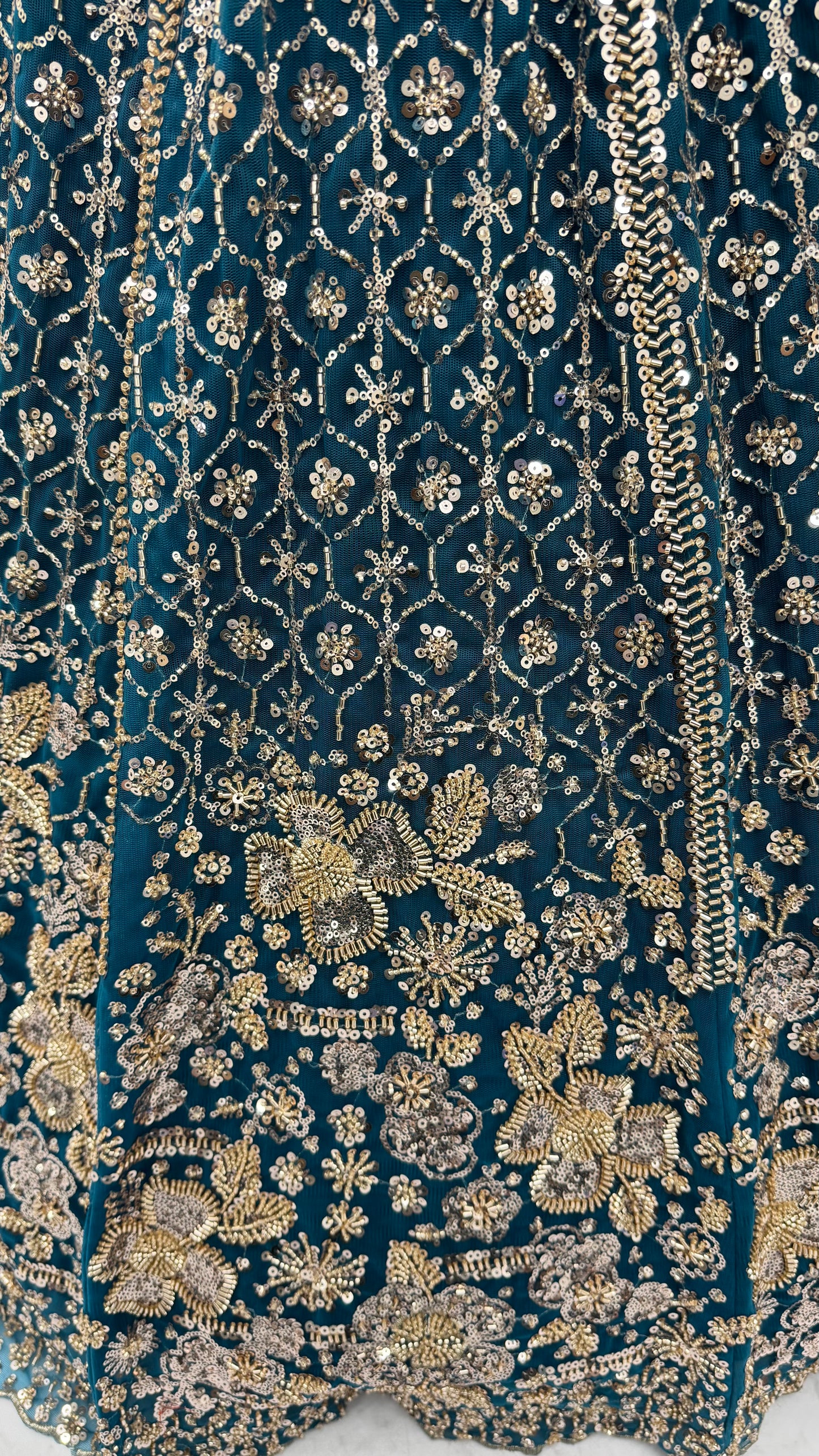 Teal Blue Crystal & Motif Handwork Designer Lehenga Choli