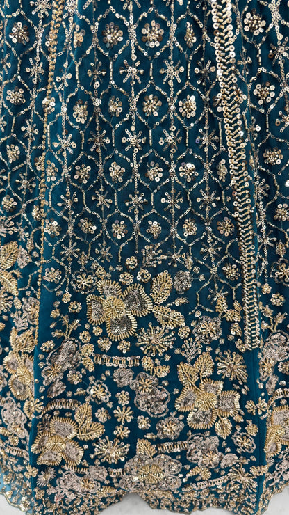 Teal Blue Crystal & Motif Handwork Designer Lehenga Choli