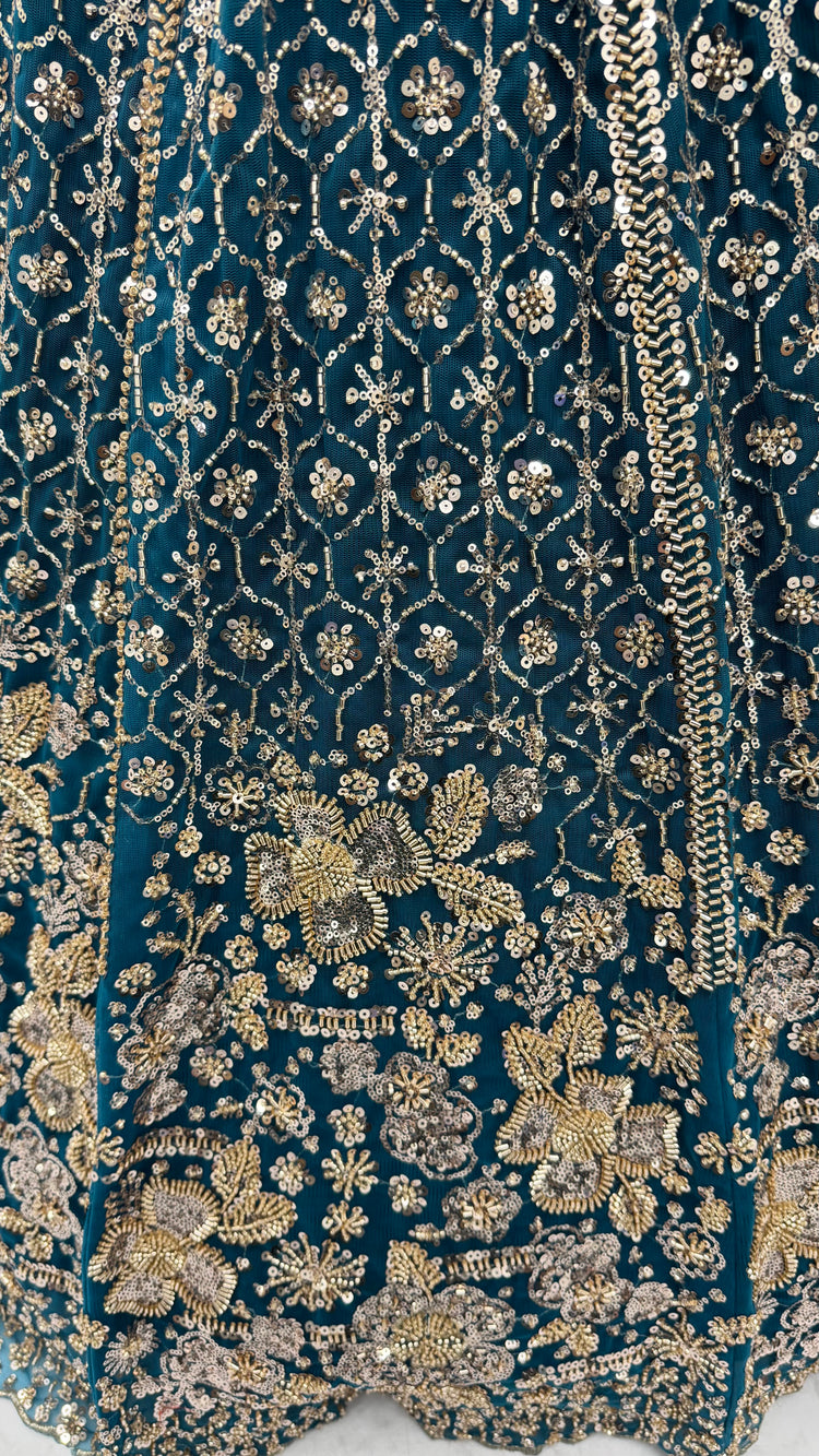 Teal Blue Crystal & Motif Handwork Designer Lehenga Choli