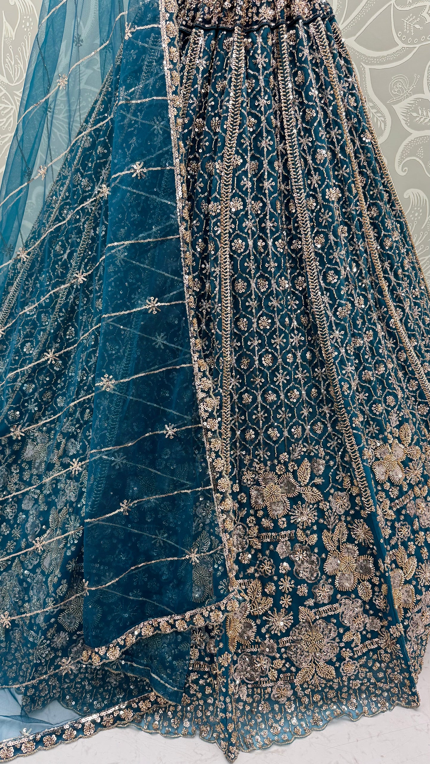 Teal Blue Crystal & Motif Handwork Designer Lehenga Choli