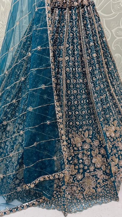 Teal Blue Crystal & Motif Handwork Designer Lehenga Choli