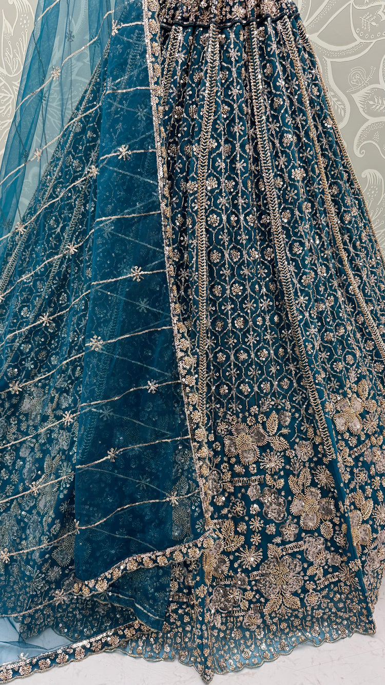 Teal Blue Crystal & Motif Handwork Designer Lehenga Choli