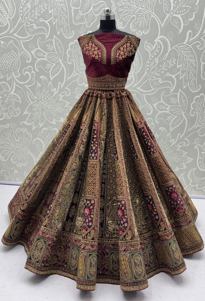 The Shahi Rajkumari Maroon Velvet Heavy Embroidered Designer Bridal Lehenga Choli