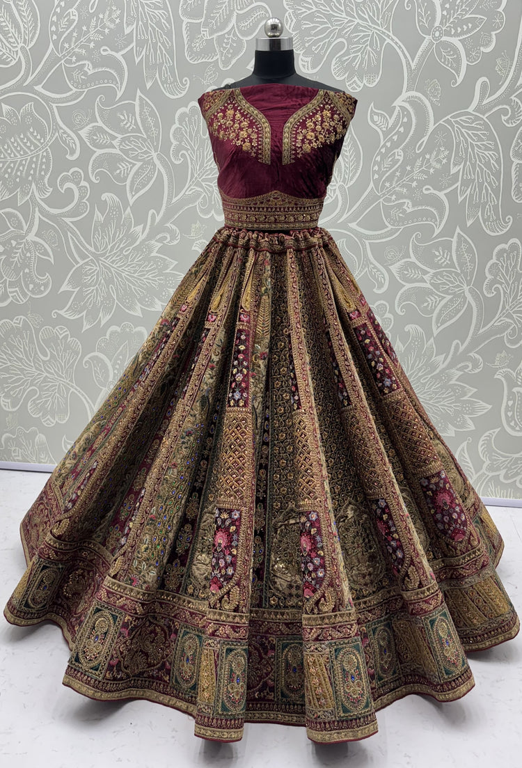 The Shahi Rajkumari Maroon Velvet Heavy Embroidered Designer Bridal Lehenga Choli
