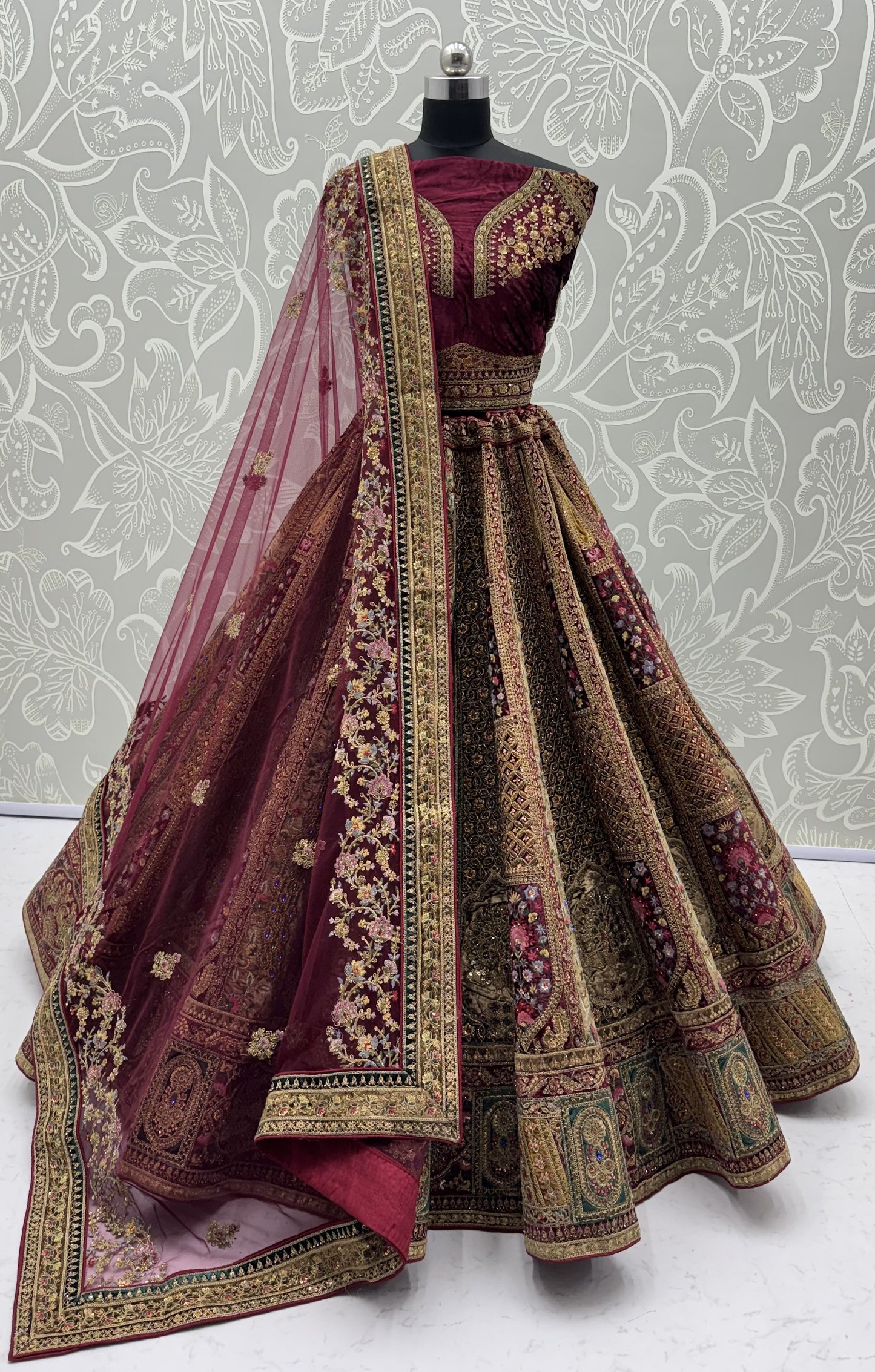 The Shahi Rajkumari Maroon Velvet Heavy Embroidered Designer Bridal Lehenga Choli