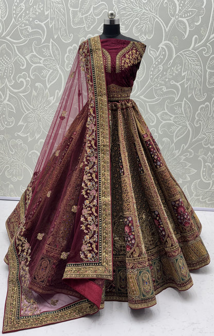 The Shahi Rajkumari Maroon Velvet Heavy Embroidered Designer Bridal Lehenga Choli