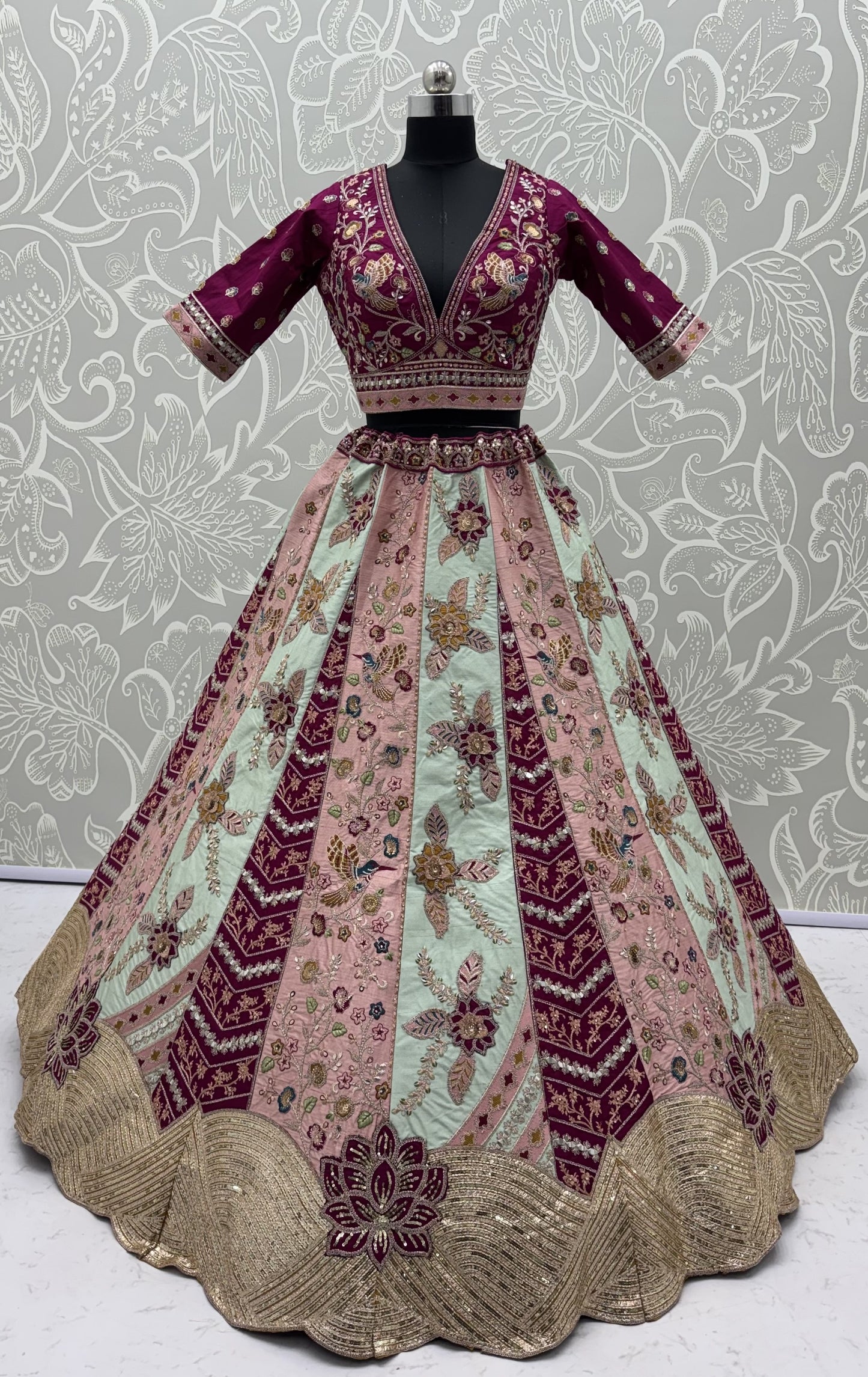 Designer Satin Silk Floral Patch Work Lehenga Choli with Hand Mirror Work & Soft Net Dupatta