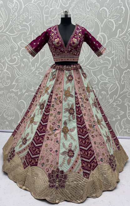 Designer Satin Silk Floral Patch Work Lehenga Choli with Hand Mirror Work & Soft Net Dupatta