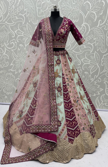 Designer Satin Silk Floral Patch Work Lehenga Choli with Hand Mirror Work & Soft Net Dupatta
