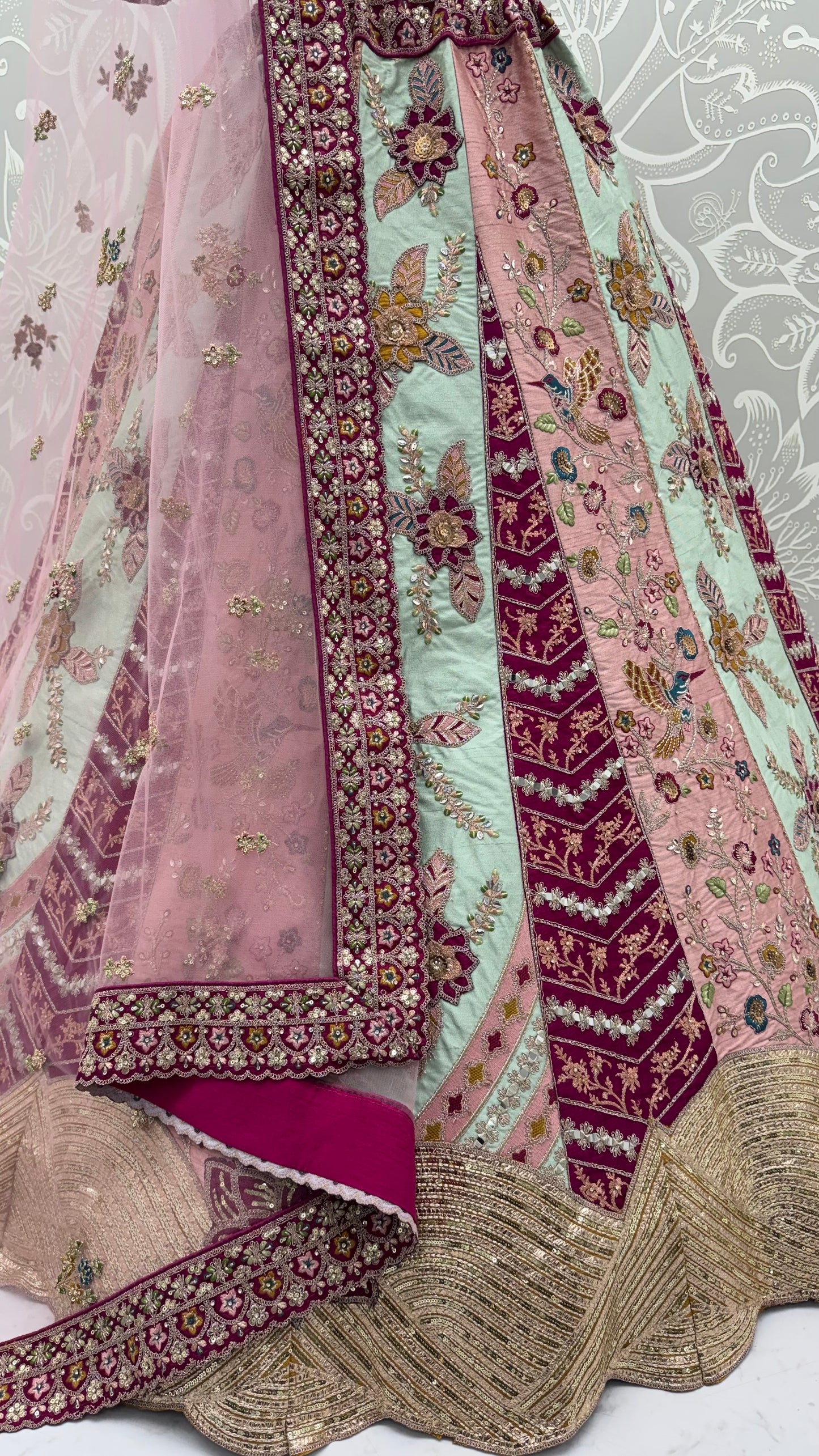 Designer Satin Silk Floral Patch Work Lehenga Choli with Hand Mirror Work & Soft Net Dupatta