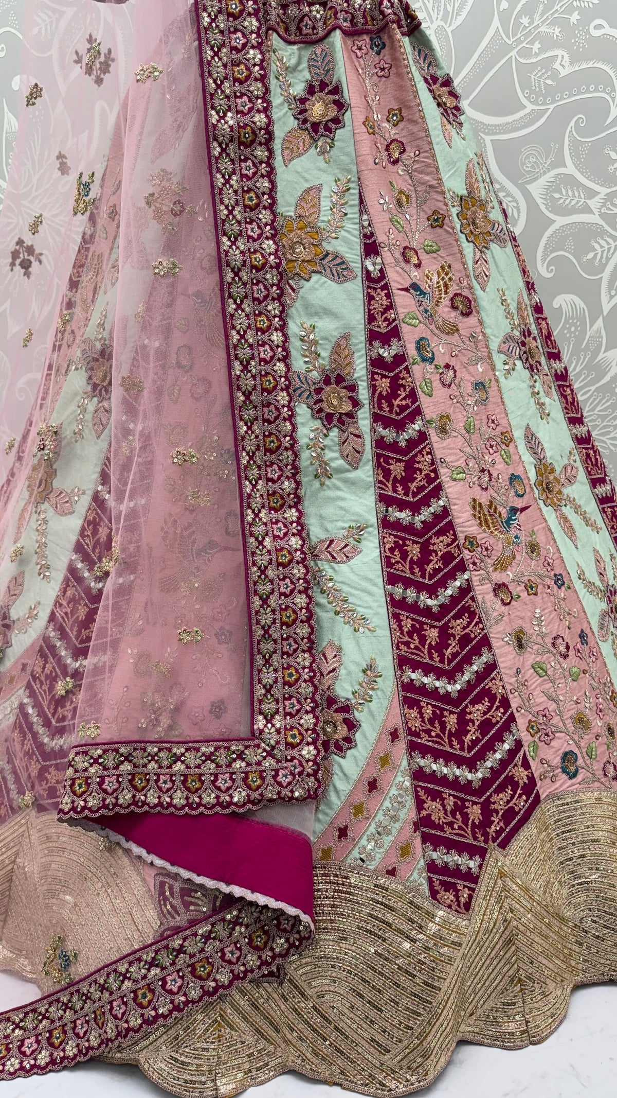 Designer Satin Silk Floral Patch Work Lehenga Choli with Hand Mirror Work & Soft Net Dupatta