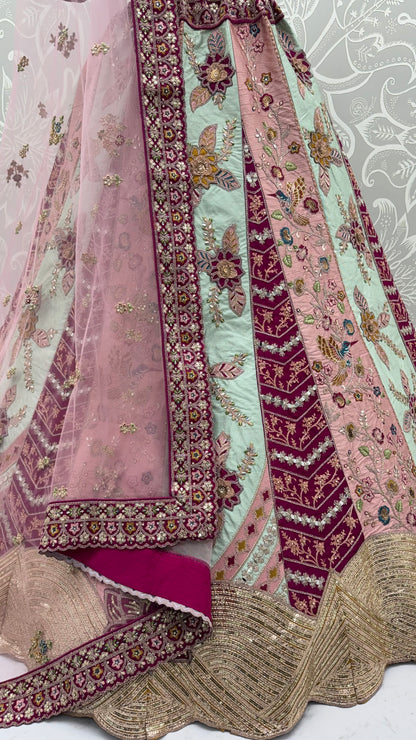 Designer Satin Silk Floral Patch Work Lehenga Choli with Hand Mirror Work & Soft Net Dupatta