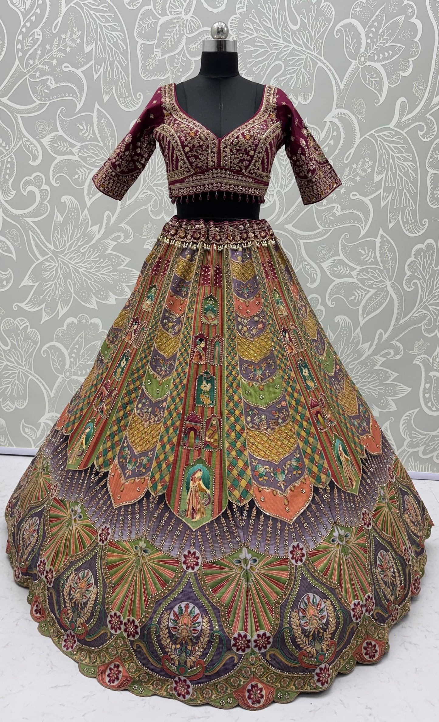 Multicolor Printed Silk Lehenga Choli with Ready-to-Wear Embroidered Blouse & Soft Net Dupatta