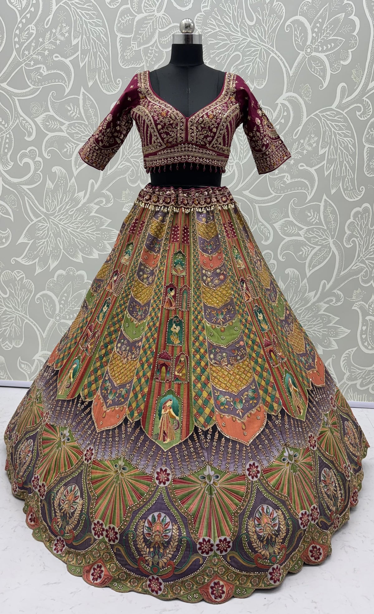Multicolor Printed Silk Lehenga Choli with Ready-to-Wear Embroidered Blouse & Soft Net Dupatta