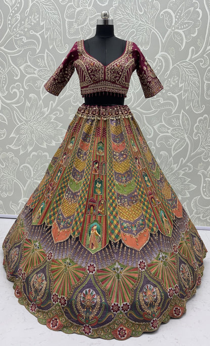 Multicolor Printed Silk Lehenga Choli with Ready-to-Wear Embroidered Blouse & Soft Net Dupatta