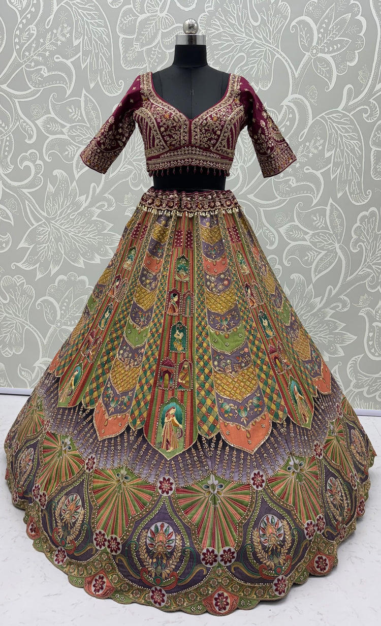 Multicolor Printed Silk Lehenga Choli with Ready-to-Wear Embroidered Blouse & Soft Net Dupatta