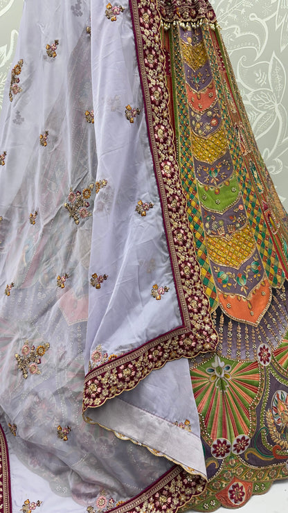 Multicolor Printed Silk Lehenga Choli with Ready-to-Wear Embroidered Blouse & Soft Net Dupatta