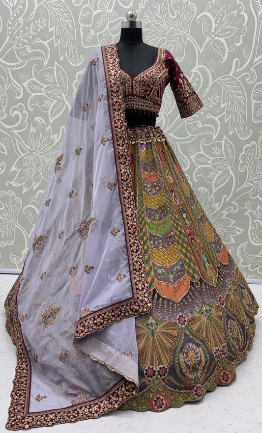 Multicolor Printed Silk Lehenga Choli with Ready-to-Wear Embroidered Blouse & Soft Net Dupatta