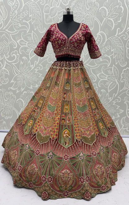 Pastel Multicolor Printed Silk Lehenga Choli with Ready-to-Wear Embroidered Blouse & Soft Net Dupatta