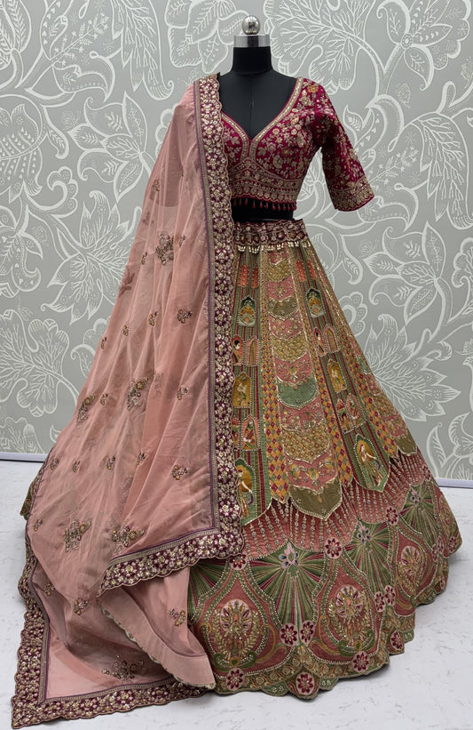 Pastel Multicolor Printed Silk Lehenga Choli with Ready-to-Wear Embroidered Blouse & Soft Net Dupatta