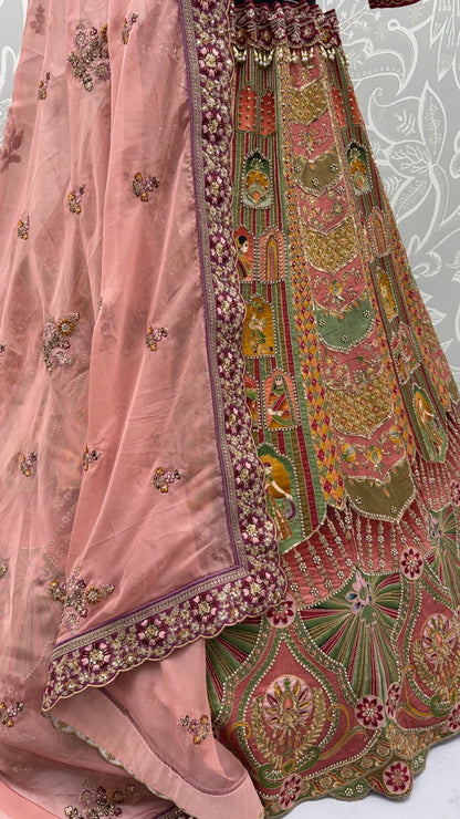 Pastel Multicolor Printed Silk Lehenga Choli with Ready-to-Wear Embroidered Blouse & Soft Net Dupatta