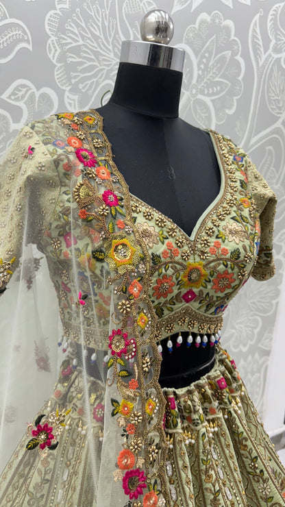 The Meadow's Royalty Sage Green Multicolor Floral Handwork Lehenga Choli