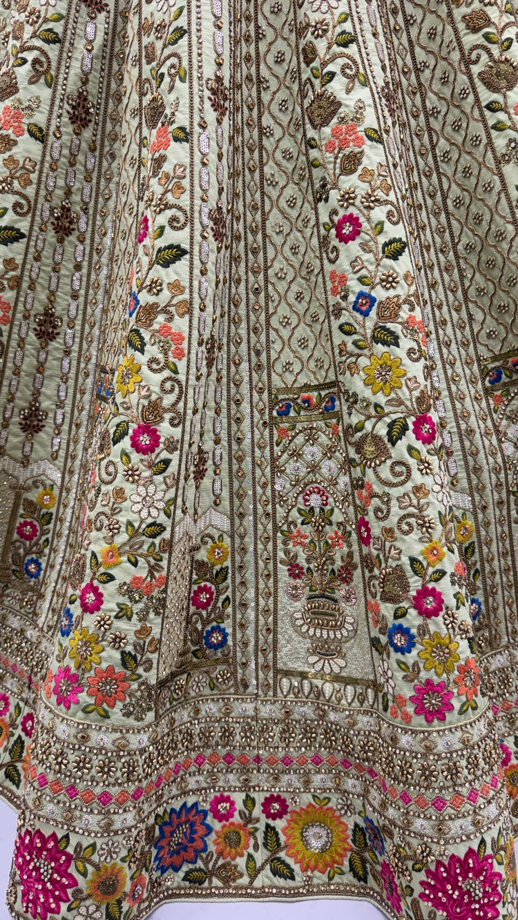 The Meadow's Royalty Sage Green Multicolor Floral Handwork Lehenga Choli
