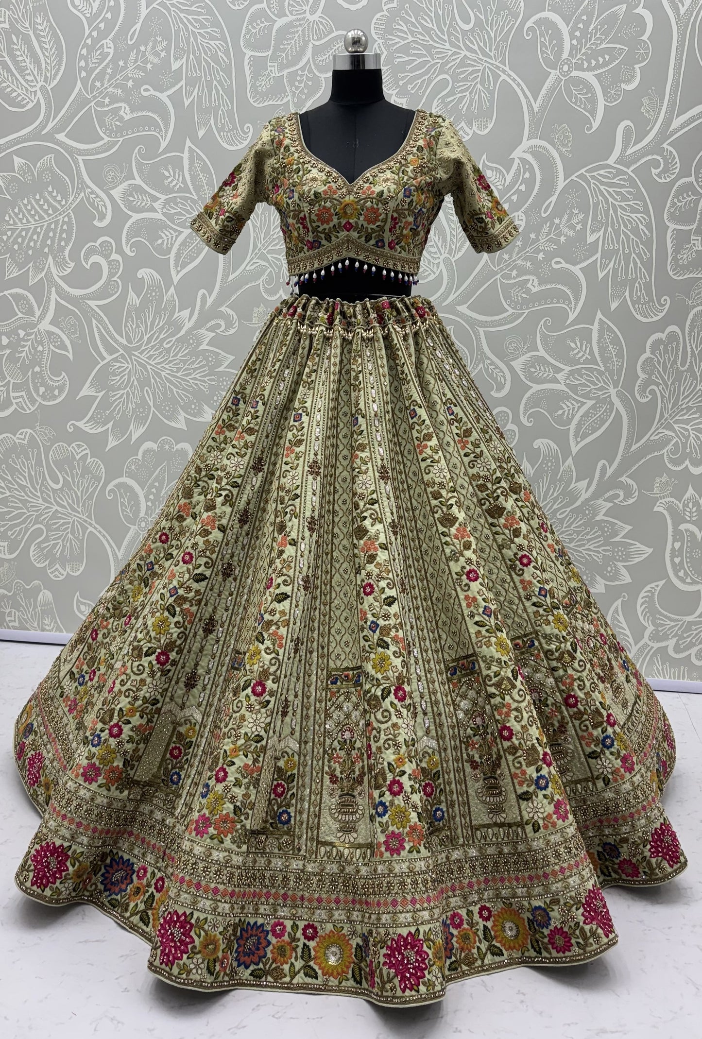 The Meadow's Royalty Sage Green Multicolor Floral Handwork Lehenga Choli