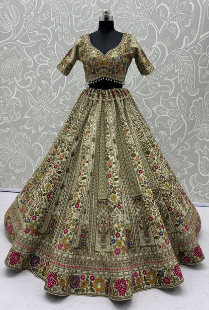 The Meadow's Royalty Sage Green Multicolor Floral Handwork Lehenga Choli