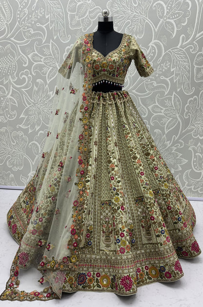 The Meadow's Royalty Sage Green Multicolor Floral Handwork Lehenga Choli