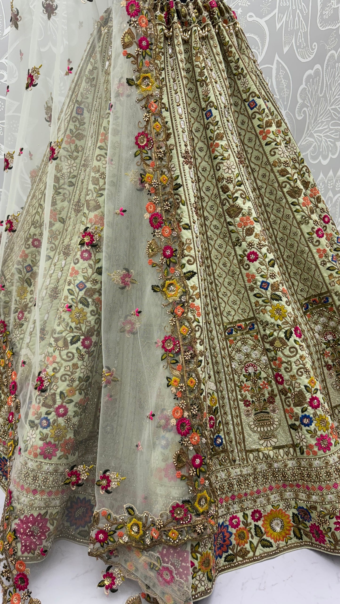 The Meadow's Royalty Sage Green Multicolor Floral Handwork Lehenga Choli