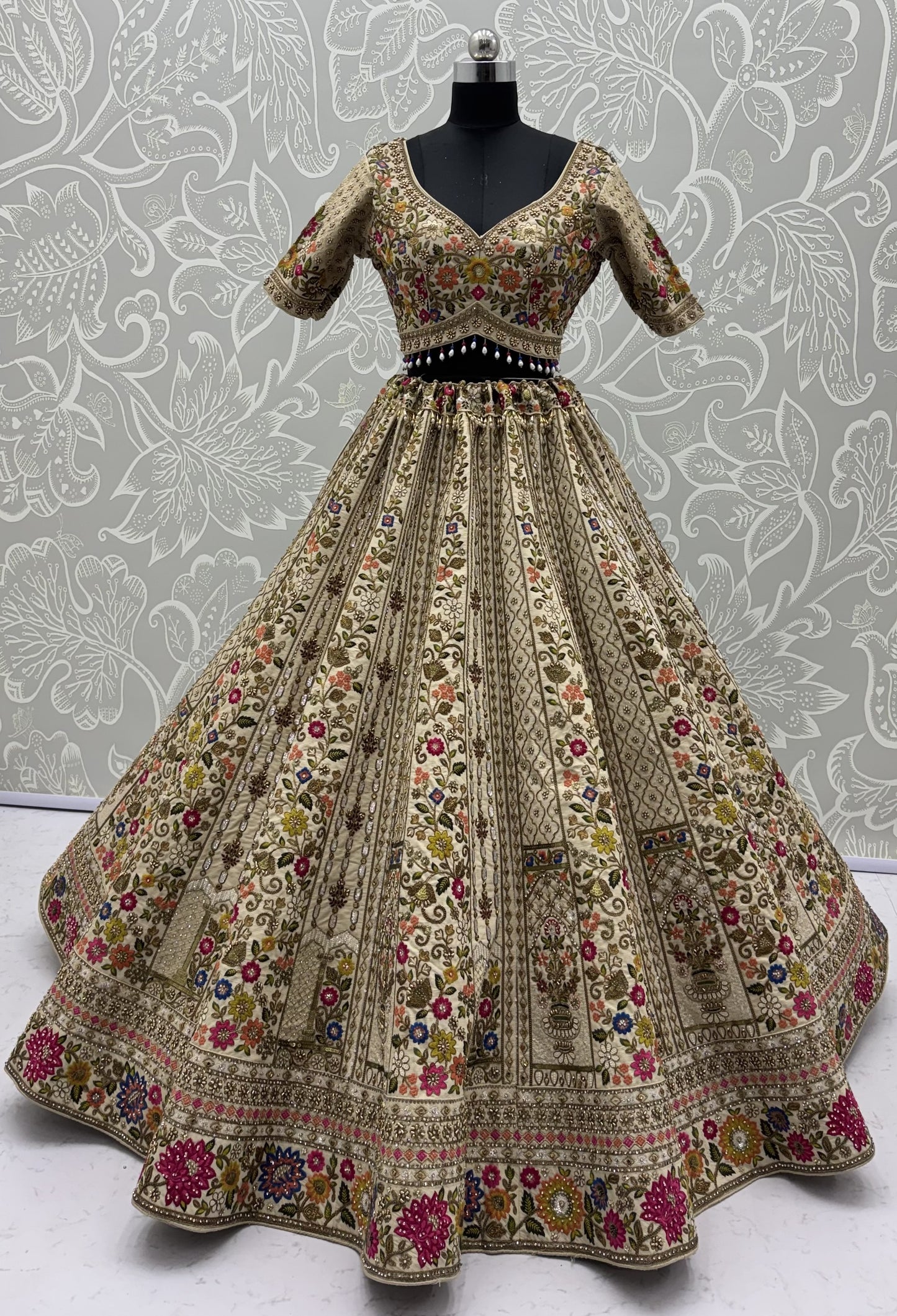 The Meadow's Royalty Ivory Multicolor Floral Handwork Lehenga Choli