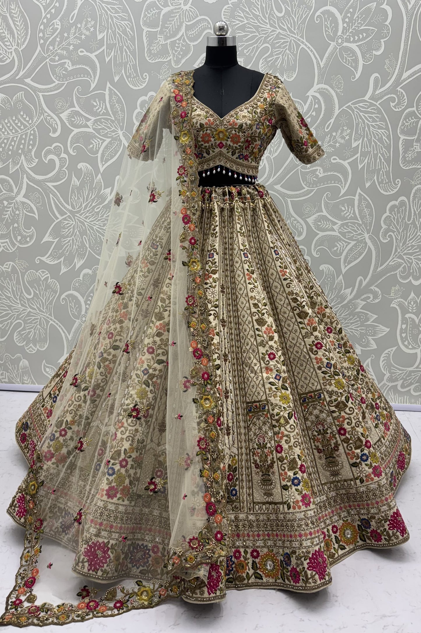 The Meadow's Royalty Ivory Multicolor Floral Handwork Lehenga Choli