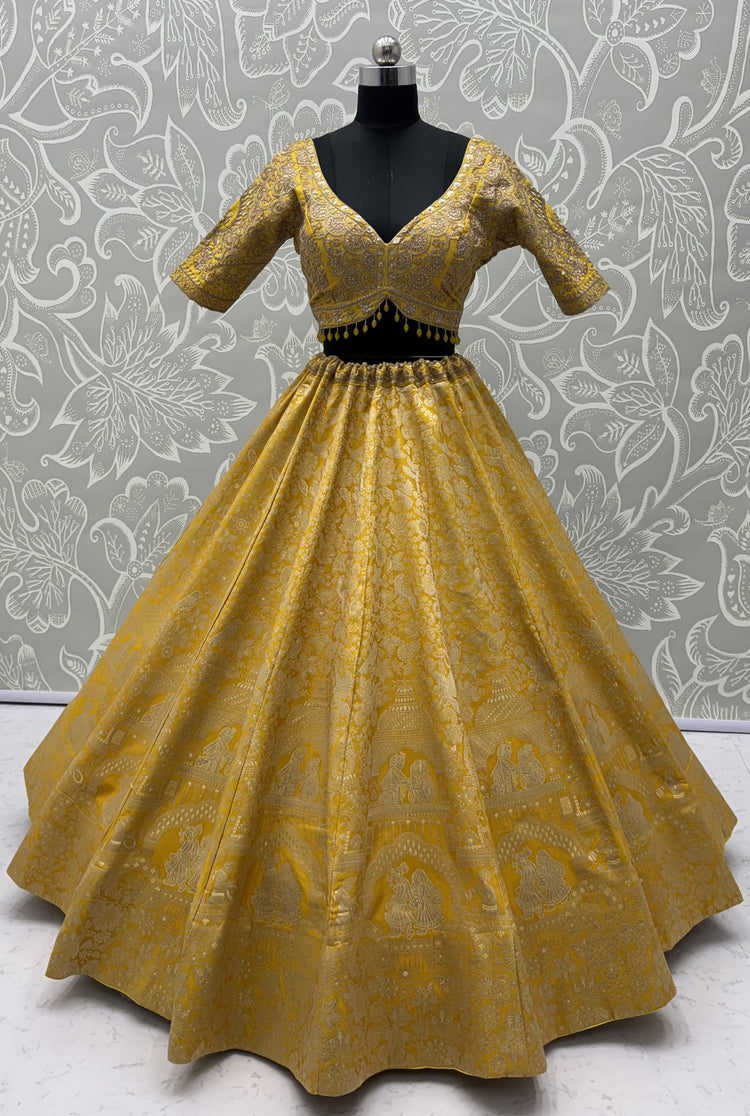 The Ananta Royal Mustard Banarasi Silk Zari Woven Designer Lehenga Choli