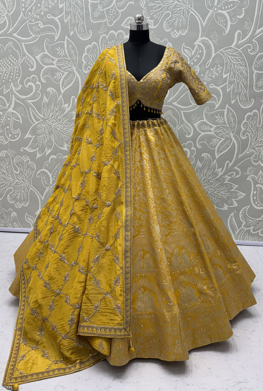 The Ananta Royal Mustard Banarasi Silk Zari Woven Designer Lehenga Choli