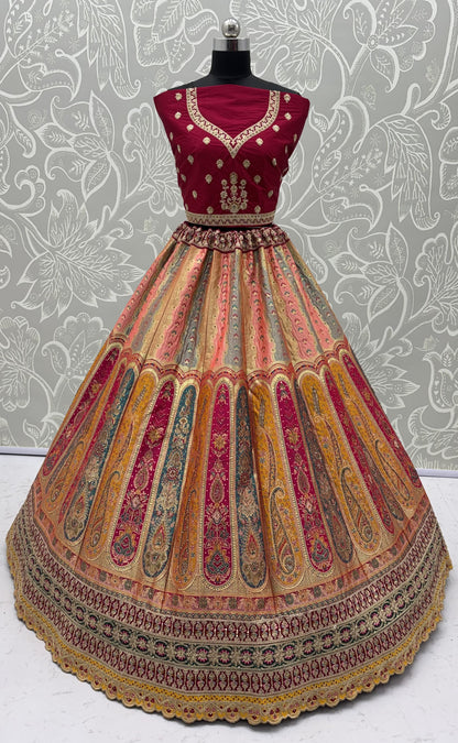 The Shahi Meena Multicolor Panel Banarasi Silk Designer Wedding Lehenga Choli