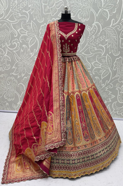 The Shahi Meena Multicolor Panel Banarasi Silk Designer Wedding Lehenga Choli