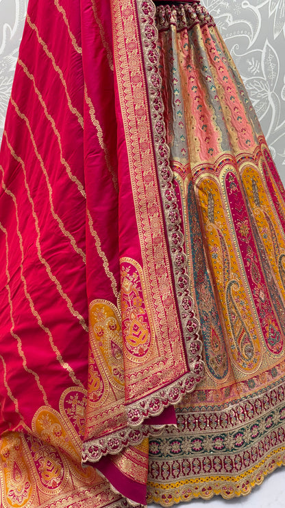 The Shahi Meena Multicolor Panel Banarasi Silk Designer Wedding Lehenga Choli