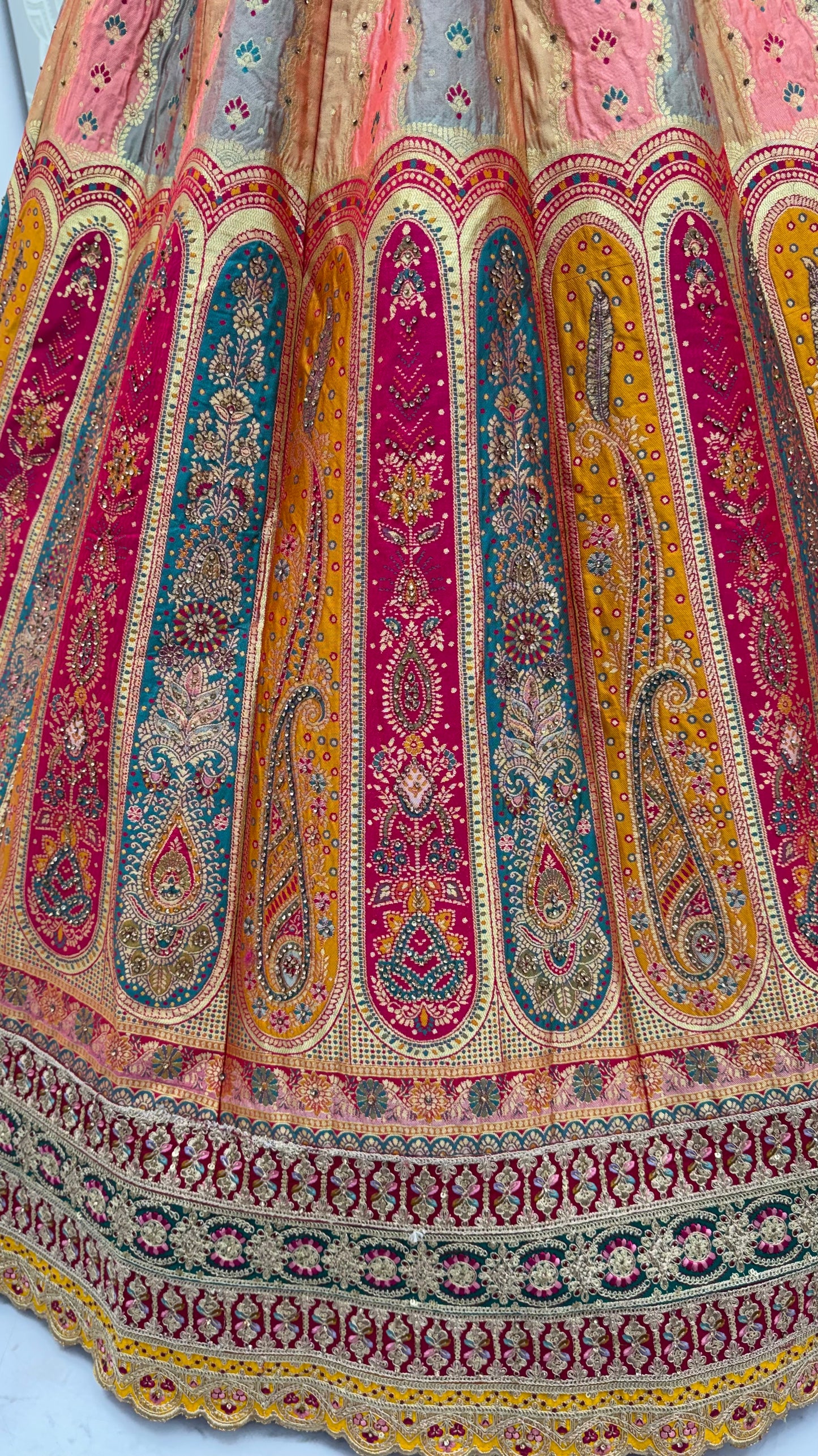 The Shahi Meena Multicolor Panel Banarasi Silk Designer Wedding Lehenga Choli