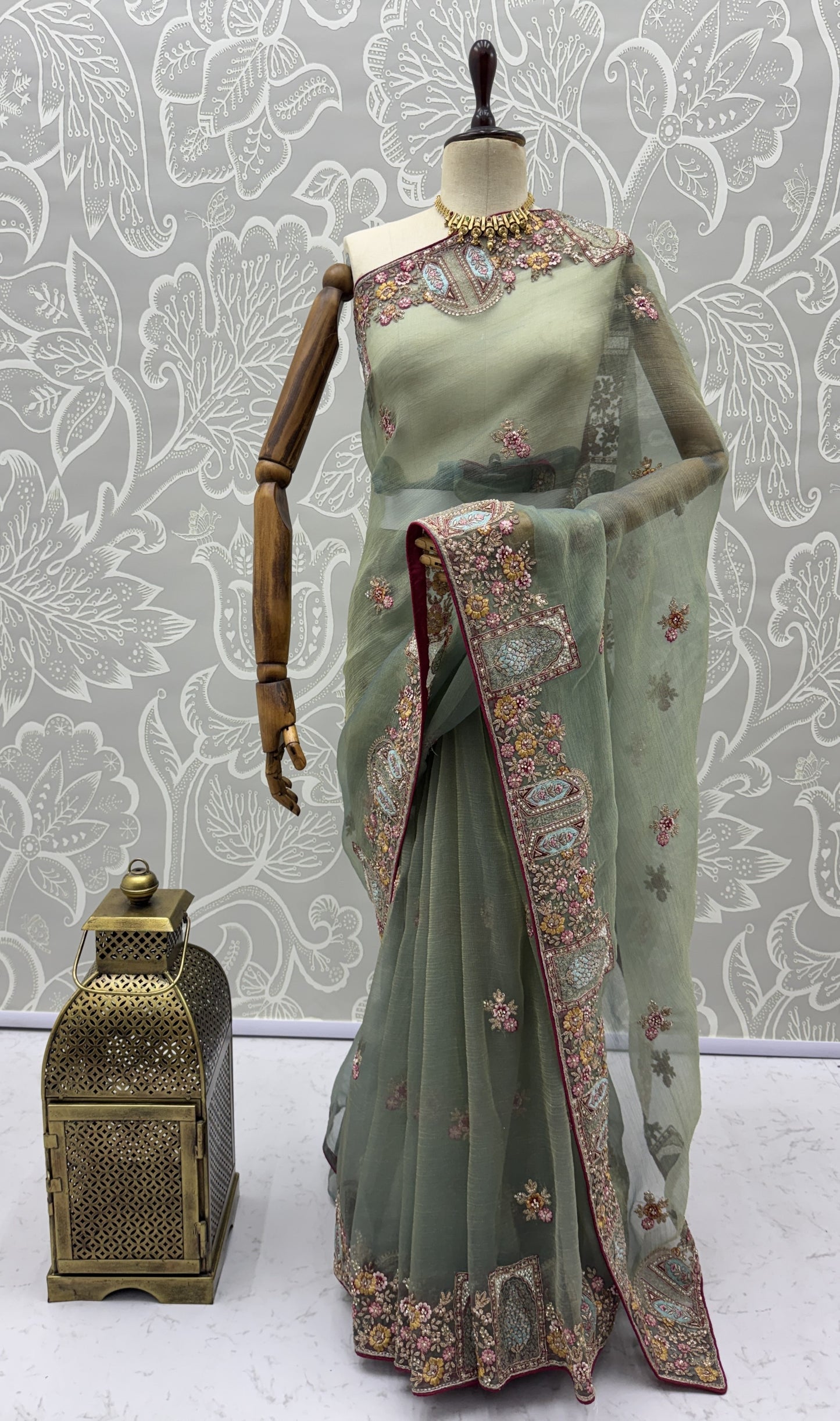 Pastel Sage Gabana Silk Saree with Patch Embroidery, Zari Work and Zircon Diamond Detailing